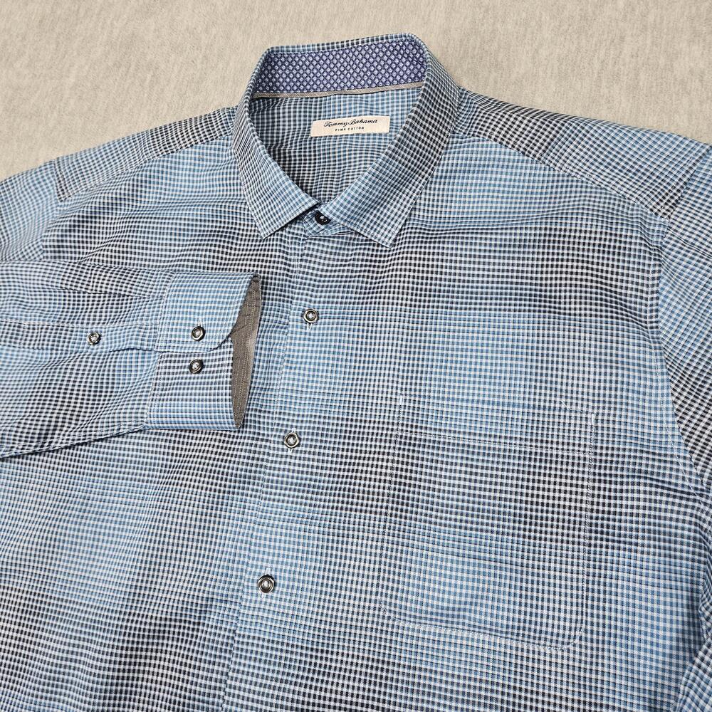 Tommy Bahama Shirt Mens XL Blue Black Plaid Pima Cotton Button Up Long Sleeve